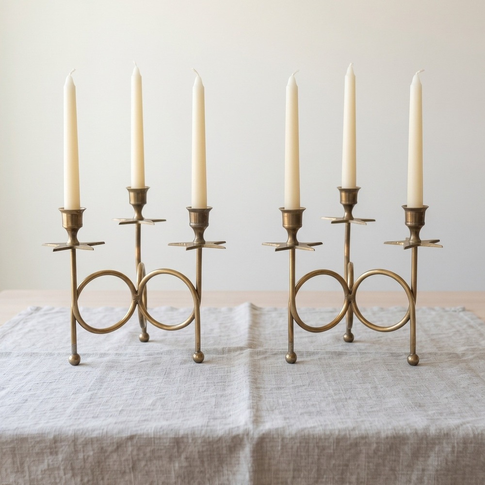 Vintage Brass Star Candelabra Pair Celestial 3-Light Taper Candle Holders Set 2